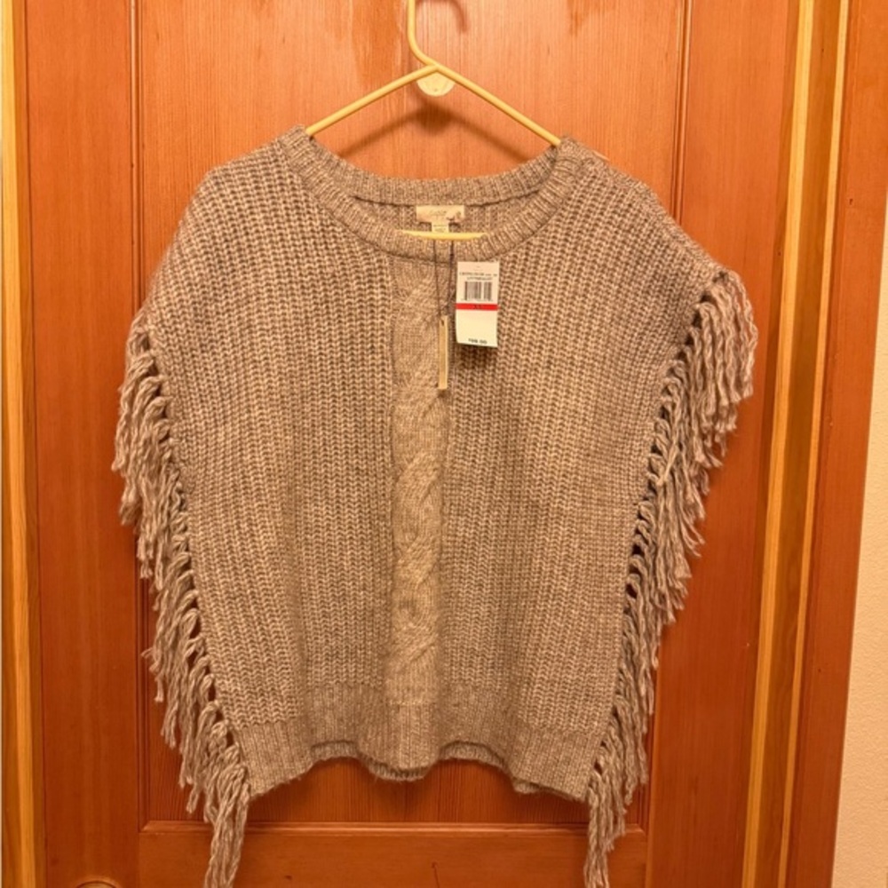 Cupio Gray Knit Poncho Sweater with Fringe NWT